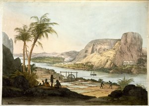 Exteriörvy av de två templen i Abu Simbel, från plattor som illustrerar forskarna i Egypten och Nubien, publicerad 1822