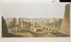 Allmän bild av ruinerna av det stora templet i Carnac, upptäckt av G. Belzoni, från plattor som illustrerar forskningen i Egypten och Nubien, graverade av Charles Hullmandel (1789-1850) 1820 (litho)