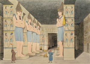Utsikt över templets insida i Ybsombul, Nubia, upptäckt av Giovanni Belzoni, graverad av Augustine Aglio (1777-1857) plåt 48 från `Plattor Illustrative of the Researches in Egypt and Nubia,