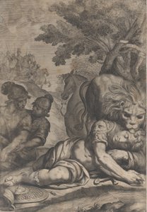 Ett lejon ovanpå en fallen ryttare till höger, med två andra soldater till vänster, 1640-70.