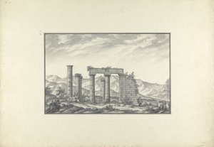 Utsikt över ruinerna av ett joniskt tempel vid Sardis, troligen Neptunus tempel, ca 1750 (grå tvätt, penna och bläck och penna på papper)