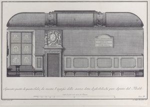 Plåt 4: tvärsnitt av Hall of the Institute of Bologna, med ingången till r..., 1756.
