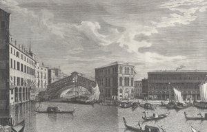 Rialtobron, Venedig, med båtar och gondoler i vattnet, 1763.