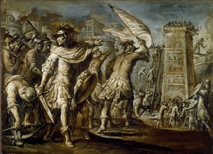 Första korståget: "" Genua condottiero Guglielmo Embriaco under erövringen av Jerusalem"" Det är ursprunget till ett anfallstorn tillverkat av skogen från Genuas fartyg. Monokrom målning av Giovanni Battista Carlone