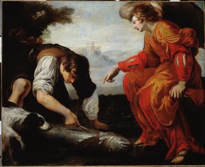 Tobie Meets the Archangel Raphael (Tobias Meets the Archangel Raphael) Målning av Giovanni Battista Carlone (1592-1677) 1600-talsgener, Musei di Strada Nuova (ex Palazzo Bianco)