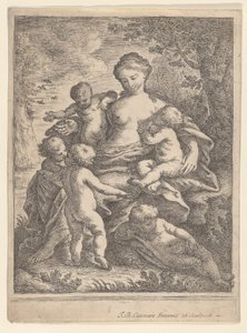 Välgörenhet, sittande i ett landskap omgivet av fem nakna barn, 1692-1727. av Giovanni Battista Catenaro