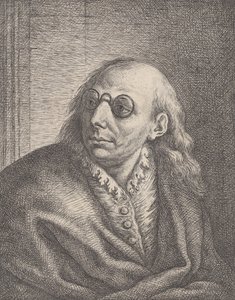 Porträtt av Luca Giordano, bär runda glasögon och tittar åt vänster, 1692-1727., 1692-1727. av Giovanni Battista Catenaro