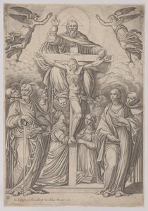 Treenigheten, med korsfästelsen i centrum och helgonen på båda sidor, 1586. av Giovanni Battista Cavalieri