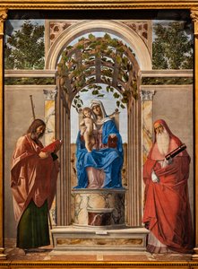tronade Madonna med Jesusbarnet mellan helgonen Jakob och Hieronymus, av Giovanni Battista Cima da Conegliano