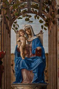 En tron på Madonna med Jesusbarnet mellan helgonen Jakob och Hieronymus, detalj av Giovanni Battista Cima da Conegliano