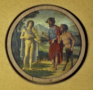 Klaviaturinstrumentlock med illustration föreställande Apollo (med lyra) och Marsyas av Giovanni Battista Cima da Conegliano