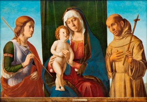 Madonna och barn mellan de heliga Ursula och Franciskus av Assisi, ca. 1495. av Giovanni Battista Cima da Conegliano