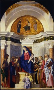 Jungfru och barn med de heliga Johannes Döparen, Cosmas och Damian, Catherine och Paul, ca 1506-1507 av Giovanni Battista Cima da Conegliano