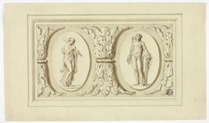 Två medaljonger med stående figurer av Omphale och Bacchus, åtskilda av ett mönster av akantusblad
