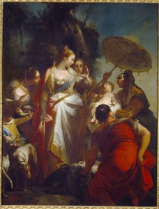 Upptäckten av Moses. (Fyndet av Moses). Faraos dotter bestämmer sig för att adoptera den nya som finns i en korg nära Nilen (Egypten). Målning av Giovanni Battista Crosato (cirka 1697-1758), olja på duk, cirka 1730. Italiensk konst (Venedig)