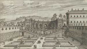 En annan perspektivvy av Teatro et Giardino Contigvo i Mondragone i Fras ..., 1691 eller senare.