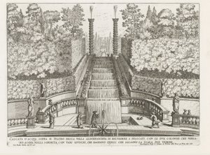 Cascade in the gardenen van de Villa Aldobrandini te Frascati Vattenfall ovanför teatern i Villa Aldobrandina di Belvedere i Frascati (...) (titel på objektet) Fountains of the Villas of Frascati (serietitel) Fonteinen van Frascati (serietitel) av Giovanni Battista Falda