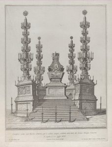 Katafalk för påven Clement X: en central struktur upphöjd på en plattform med 15 trappsteg, med c..., 1676.