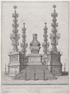 Katafalk för påven Clement X, central struktur på toppen av en femtonstegsplattform, med..., 1676.