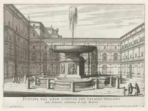 Fontein in de Cortile del Belvedere i Vatikanen Fontän på Vatikanpalatsets storslagna gård (titel på objektet) Fontäner i Rom (serietitel) Fonteinen van Rome (serietitel) av Giovanni Battista Falda