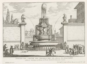 Fontein på plats av Palazzo Taverna i Rom Fontän på innergården till Mr. hertig av Bracciano (titel på objekt) Fontäner i Rom (serietitel) Fonteinen van Rome (serietitel) av Giovanni Battista Falda