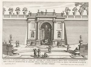 Fontein in de tuinen van de Villa Aldobrandini te Frascati Fontän och höjd över cypressalén (...) (titel på objektet) Fountains of the Villas of Frascati (serietitel) Fonteinen van Frascati (serietitel) av Giovanni Battista Falda