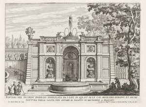 Fontein in de tuinen van de Villa Aldobrandini te Frascati Fontän i andra ingången fördubblad från sidorna (...) (titel på objekt) Fontänerna i Frascati-villorna (serietitel) Fonteinen van Frascati (serietitel) av Giovanni Battista Falda