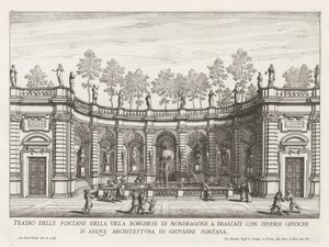 Fontein in de tuinen van de Villa Mondragone te Frascati Teater för fontänerna i Villa Borghese i Mondragone i Frascati (...) (titel på objektet) Fountains of the Villas of Frascati (serietitel) Fonteinen van Frascati (serietitel) av Giovanni Battista Falda