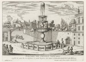 Fontän i Vatikanen Fontana nel Palazzo Vaticano (titel på objekt) Fontane di Roma (serietitel) Fontäner i Rom (serietitel) av Giovanni Battista Falda