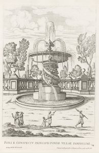Fontein träffade dolfijnen i trädgården av Villa Doria Pamphilj te Rom Fontänen framför prinsens port i staden Pamfylien (titel på objektet) Le fontane ne palazzi e ne giardini di Roma (serietitel) Fonteinen in de paleizen en tuinen van Rome (serietitel av Giovanni Battista Falda