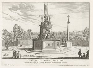 Fontein op Piazza San Pietro i Montorio op de Janiculumberg te Rome Fontän på berget Gianicolo (titel på objekt) Fontäner i Rom (serietitel) Fonteinen van Rome (serietitel) av Giovanni Battista Falda