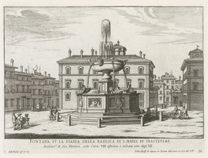 Fontein på Piazza Santa Maria in Trastevere Fontän på torget i basilikan S. Maria in Trastevere (titel på objektet) Fontäner i Rom (serietitel) Fonteinen van Rome (serietitel) av Giovanni Battista Falda