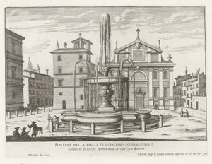 Fontein på Piazza Scossacavalli i Rom Fontän på Piazza di S. Giacomo Scossacavallo (titel på objekt) Fontäner i Rom (serietitel) Fonteinen van Rome (serietitel) av Giovanni Battista Falda