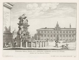 Fontein op Piazza di San Giovanni i Laterano te Rome Fontän på Piazza di S. Giovanni Laterano under spiran (titel på objektet) Fontäner i Rom (serietitel) Fonteinen van Rome (serietitel) av Giovanni Battista Falda