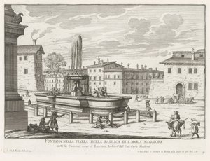 Fontein op Piazza di Santa Maria Maggiore i Rom Fontän på torget i basilikan S. Maria Maggiore (titel på objektet) Fontäner i Rom (serietitel) Fonteinen van Rome (serietitel) av Giovanni Battista Falda