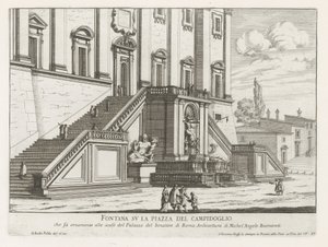 Fontän framför Palazzo Senatorio på Capitolium i Rom Fontana su la Piazza del Campidoglio (titel på objekt) Fontane di Roma (serietitel) Fontäner i Rom (serietitel) av Giovanni Battista Falda