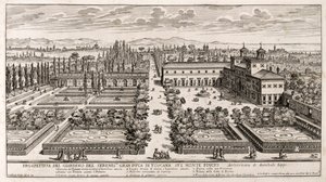 Perspektiv av trädgårdarna i Villa Medici i Rom, gravyr från Li Giardni (Trädgårdarna) av Giovanni Battista Falda (1640 eller 1643-1678)