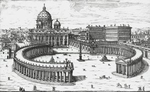 Vatikanstaten, utsikt över Piazza San Pietro med Peterskyrkan och Vatikanpalatsen, gravyr av Giovanni Battista Falda. 1665