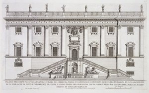 Vy över fasaden av Palazzo Senatorio på Piazza del Campidoglio, Rom, påbörjad av Michelangelo Buonarroti (1475-1564) och färdigställd av Girolamo Rainaldi (1570-1655)