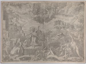 Hesekiels syn, med de döda som reser sig och sätter på sig sitt kött, Gud Fadern abo..., 1579.
