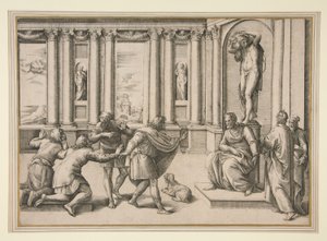 Man som sitter under en staty av Bacchus och tar emot en publik av Giovanni Battista Franco (called Il Semolei)