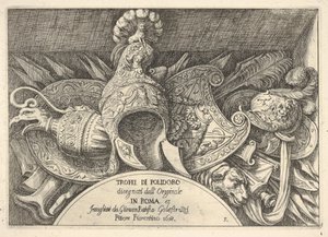 Plåt 5: troféer av romerska vapen från dekorationer ovanför fönstren på andra våningen av ..., 1658.