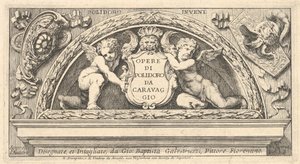 Titelskylt till serie av tryck efter Poloidoro, titel på en sköld uppburen av två putti, 1658.
