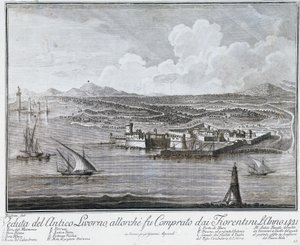 Utsikt över Livornos hamn när den köptes av florentinare 1421, gravyr från samlingen av bästa utsikten över staden och hamnen i Livorno av Giovanni Battista Guerazzi