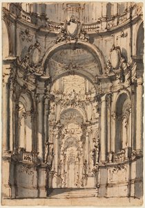 Design för en scenuppsättning: Interiör av ett palats med arkader av Giovanni Battista III Natali