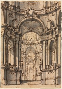 Design för en scen: Interiör av ett palats med arkader, mitten av 1700-talet. av Giovanni Battista III Natali
