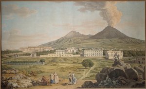 Vesuvius sluttningar från Portici med utsikt över Bourbonpalatset, av Giovan Battista Lusieri, gouache.