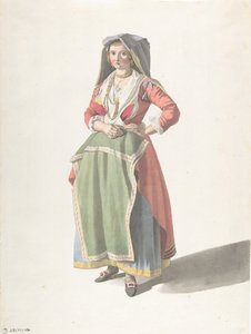 Ung kvinna som står i traditionell napolitansk klänning, ca. 1775-1821.