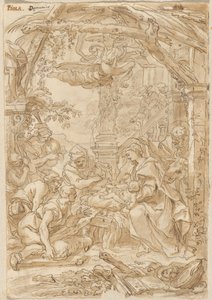 Herdarnas tillbedjan, ca 1680-1690 (teckning med penna och bläck) av Giovanni Battista Merano