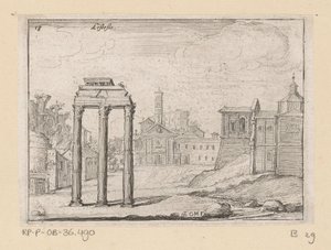 Utsikt över Forum Romanum i Rom Listesso (titel på objekt) Utsikt över Rom (serietitel) Alcune vedute et prospettive di luoghi dishabitati di Roma (serietitel) av Giovanni Battista Mercati